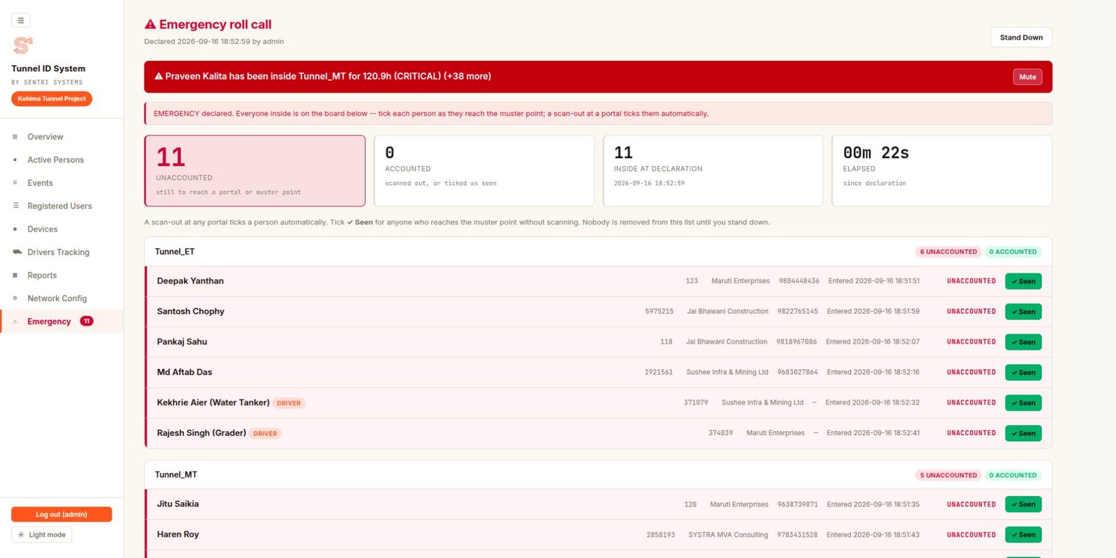 Tunnel ID System dashboard — emergency roll call screen