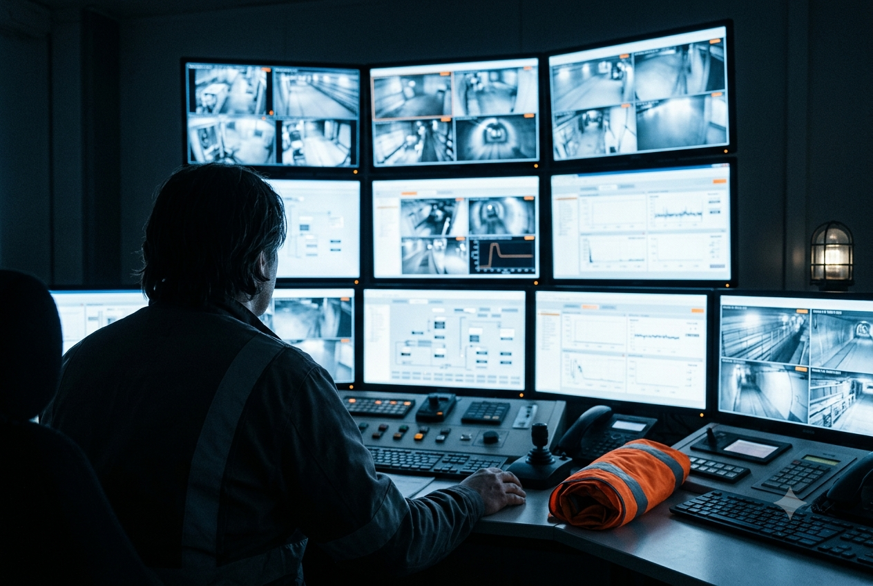 Security operator monitoring live CCTV feeds across a tunnel network from a control room