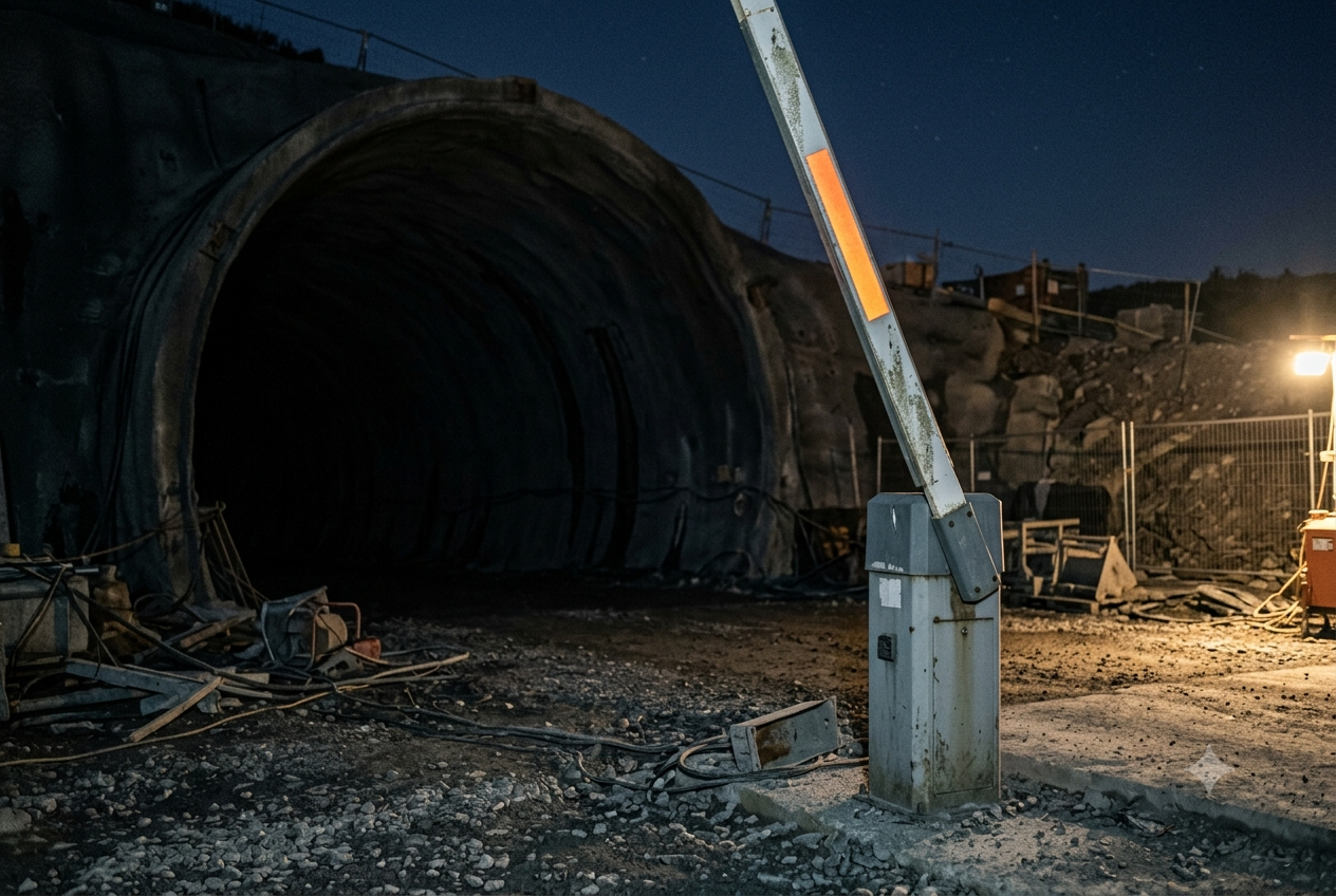 Controlled access barrier at a tunnel construction site entrance at night