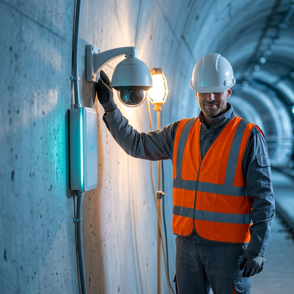 Technician standing in a tunnel beside installed security equipment.