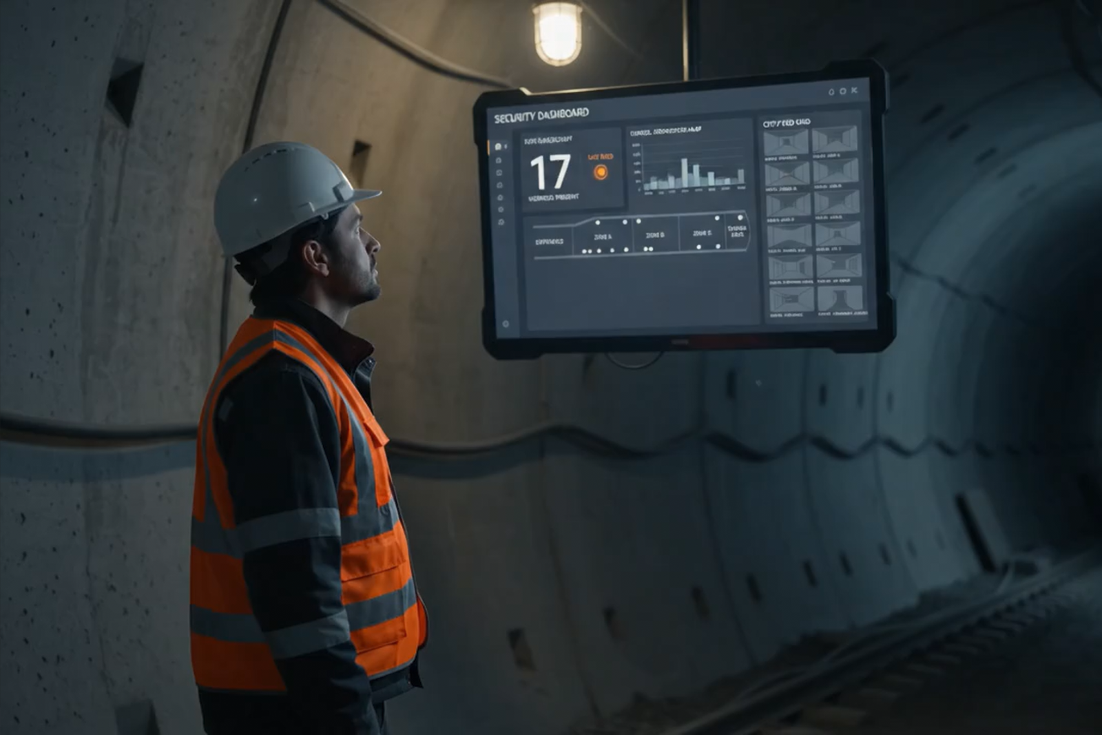Worker looking up at a wall-mounted security dashboard screen inside a tunnel.