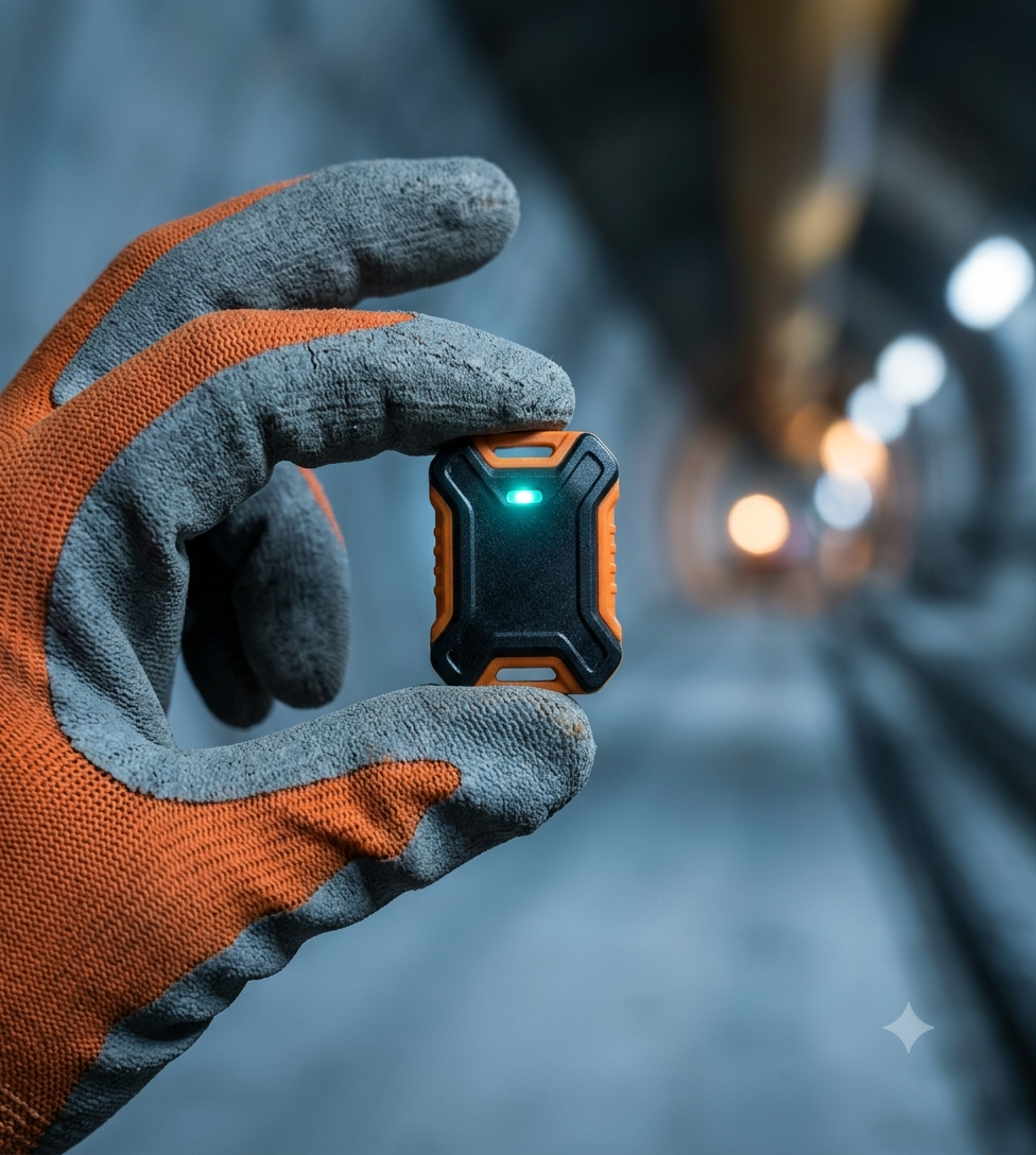 UHF tracking tag and biometric access badge held in a gloved hand.