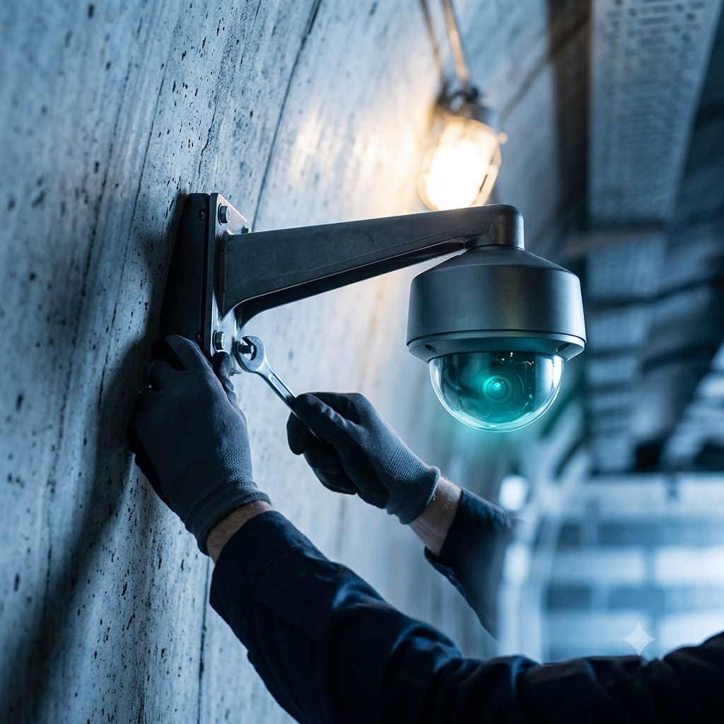 Technician installing a CCTV camera bracket on a tunnel wall.