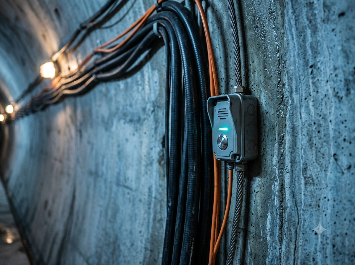 Cabling and an intercom unit mounted on a tunnel wall.