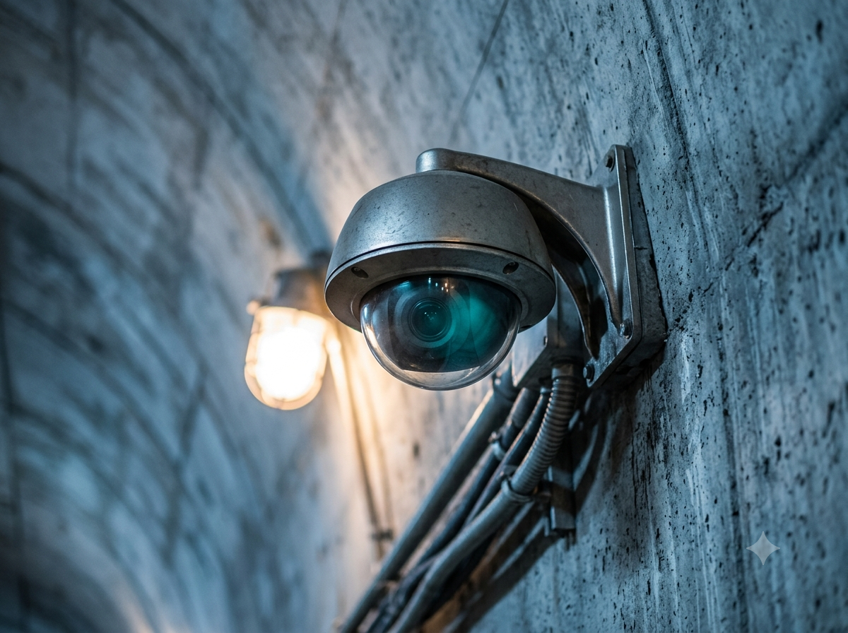 CCTV camera housing mounted on tunnel concrete.